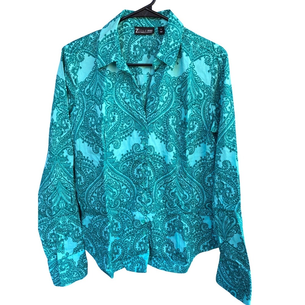 7th Avenue NY & Co Paisley Print Button Front Blouse Teal Stretch Women Medium